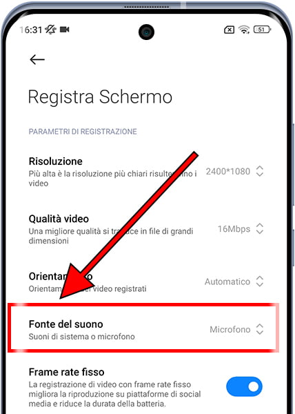 Fonte del suono del registratore dello schermo Xiaomi