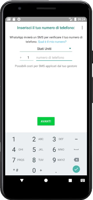 Inserisci il numero di telefono in WhatsApp