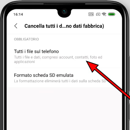 Cancella tutti i dati