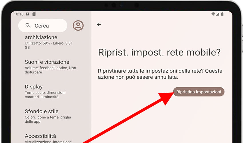 Conferma il ripristino delle impostazioni di rete su Android