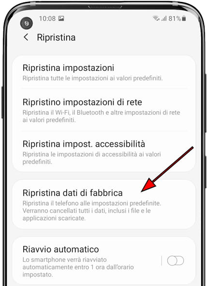 Ripristina dati di fabbrica