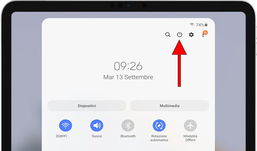 Pulsante di spegnimento sul pannello rapido Android